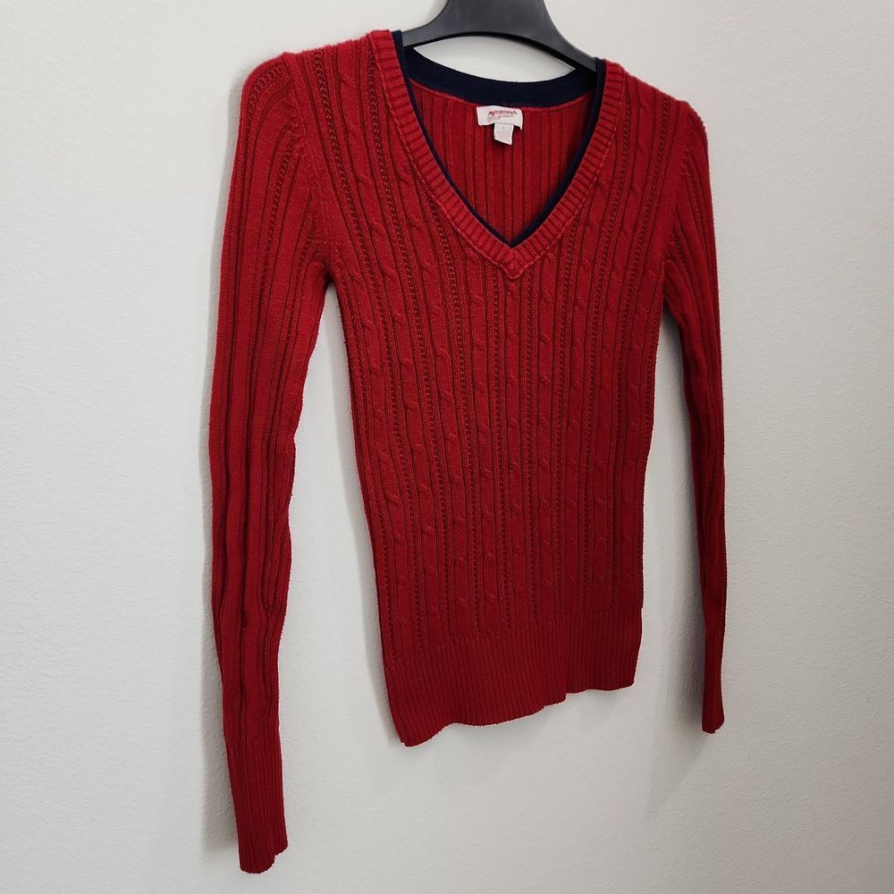 Arizona‎ Jeans Co Womens Red Navy Blue Cable Knit Large V Neck Sweater